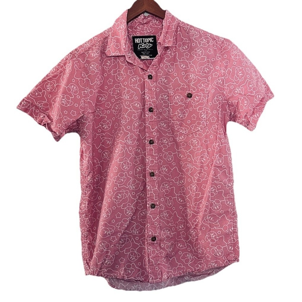 Hot Topic Kirby Nintendo Mens Small Button Up Short Sleeve Shirt Pink Cotton